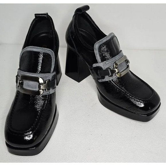 Casta Josh Patent Leather Black Heeled Loafer Gray Silver Buckle size EU 39 90s - Picture 1 of 10